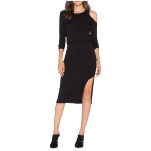LNA Revolve Brand Slasher Cold Shoulder Dress Black Round Neck Long Sleeve: Med